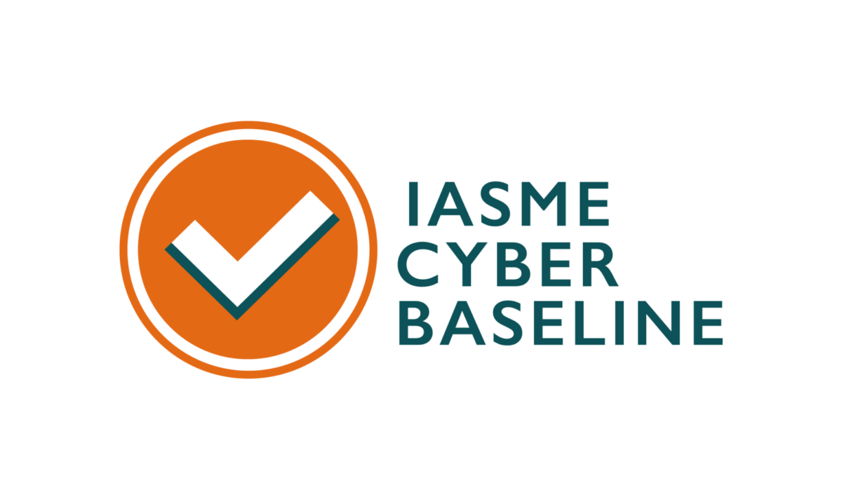 Logo for the scheme, comprising a white tick in an orange circle and the words 'IASME Cyber Baseline'.